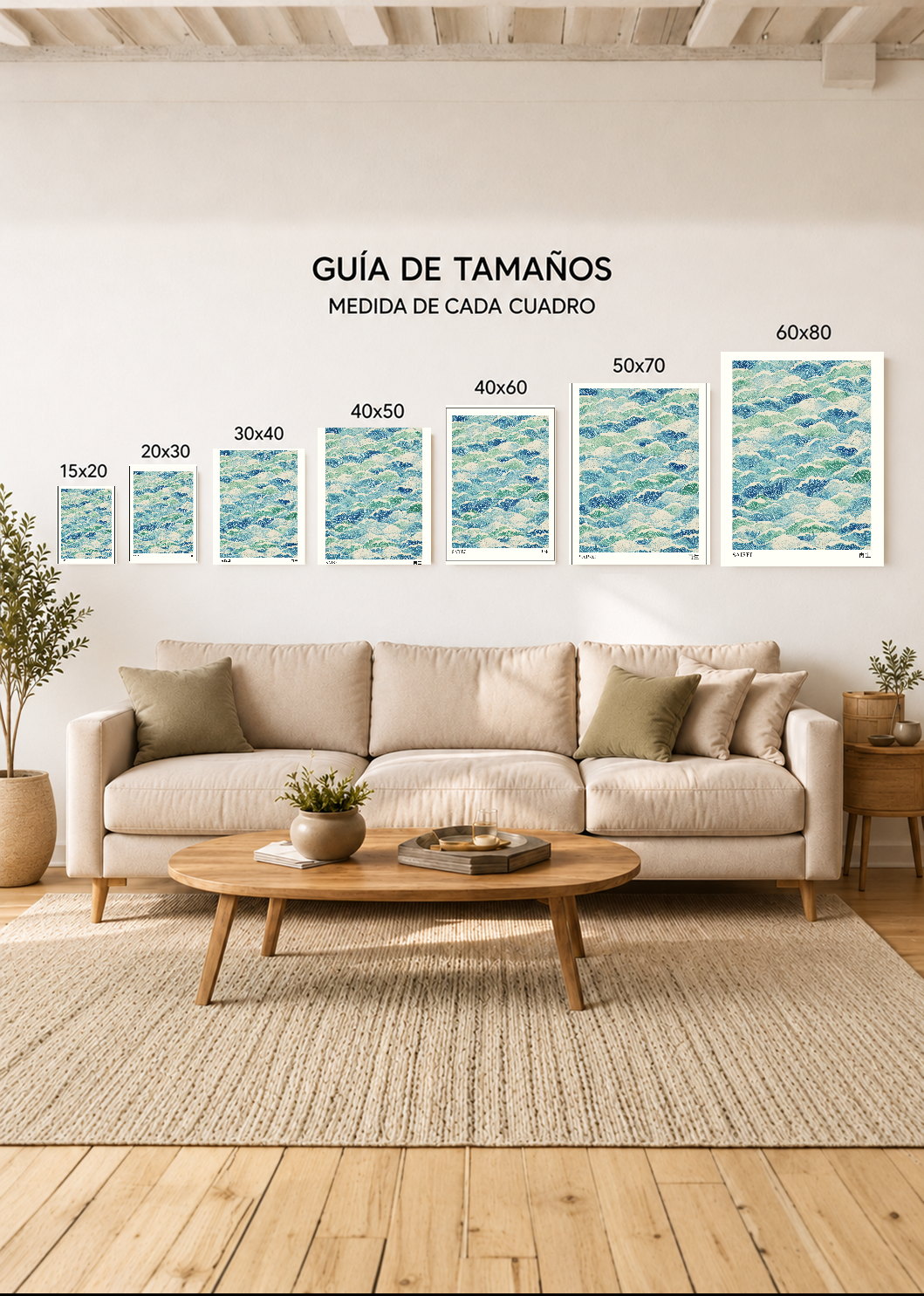 Cuadro Decorativo Mural Sin Marco 5mm - Japandi, Olas Suaves Verde Agua, Saisei