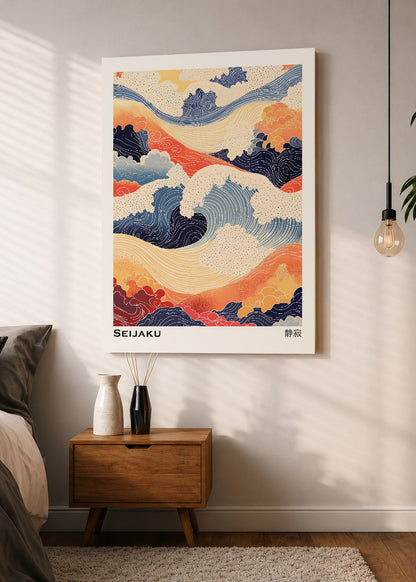 Cuadro Decorativo Mural Sin Marco 5mm - Japandi, Olas Ukiyo-e Coral y Azul, Seijaku