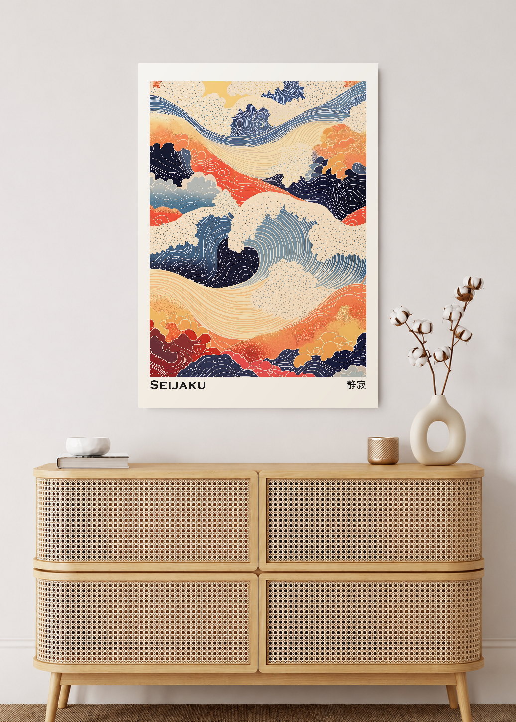 Cuadro Decorativo Mural Sin Marco 5mm - Japandi, Olas Ukiyo-e Coral y Azul, Seijaku