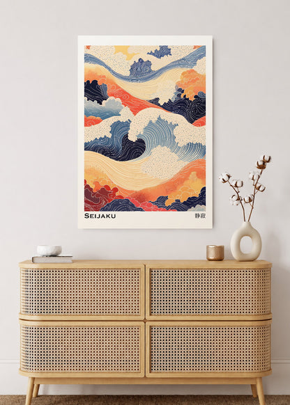 Cuadro Decorativo Mural Sin Marco 5mm - Japandi, Olas Ukiyo-e Coral y Azul, Seijaku