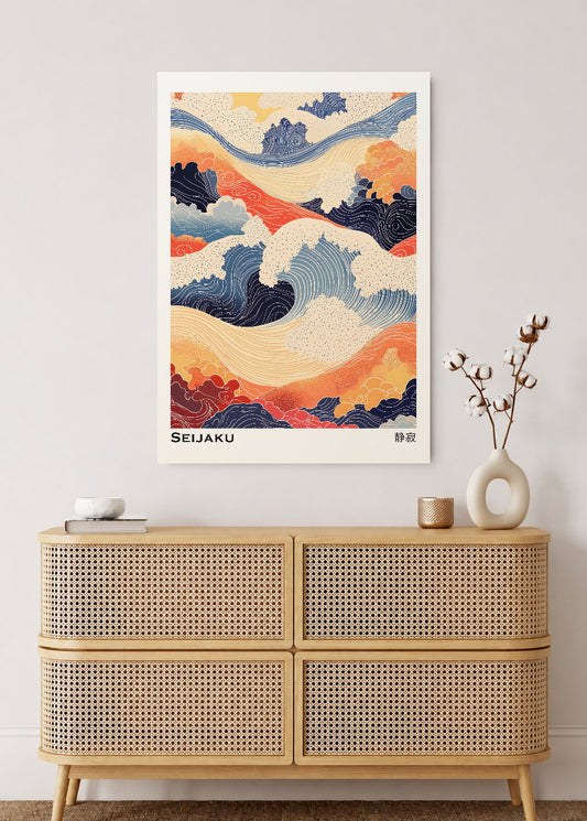 Cuadro Decorativo Mural Sin Marco 5mm - Japandi, Olas Ukiyo-e Coral y Azul, Seijaku