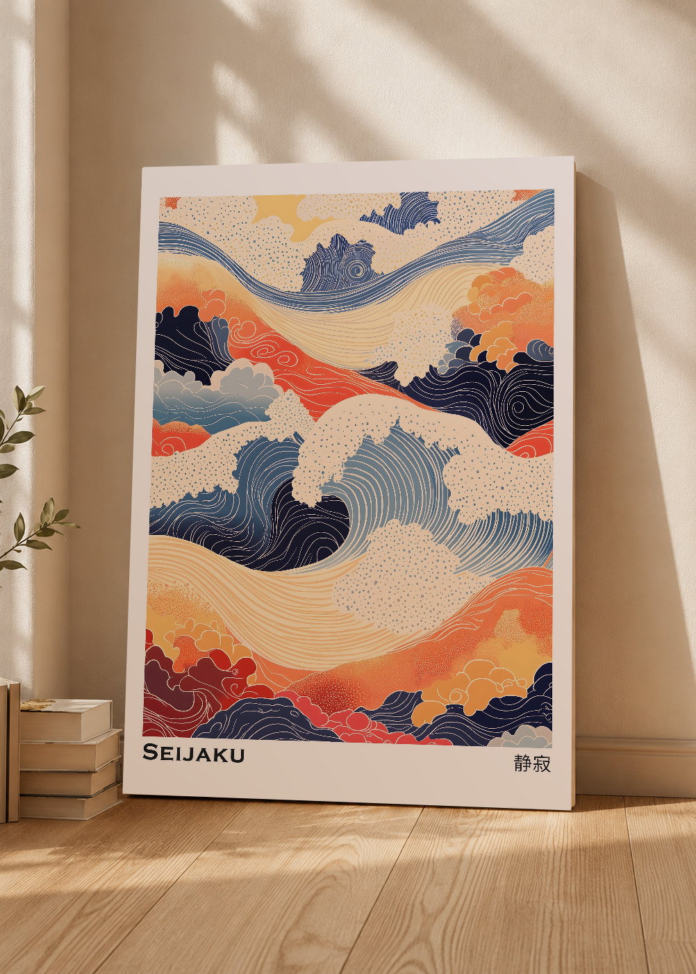Cuadro Decorativo Mural Sin Marco 5mm - Japandi, Olas Ukiyo-e Coral y Azul, Seijaku