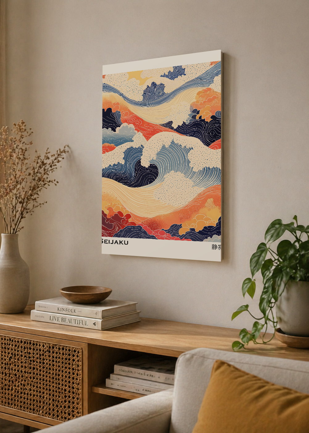 Cuadro Decorativo Mural Sin Marco 5mm - Japandi, Olas Ukiyo-e Coral y Azul, Seijaku