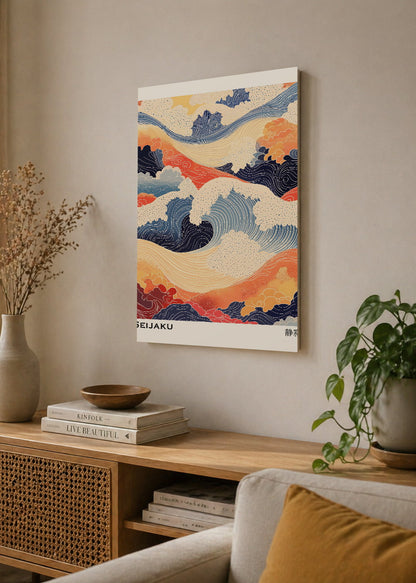 Cuadro Decorativo Mural Sin Marco 5mm - Japandi, Olas Ukiyo-e Coral y Azul, Seijaku