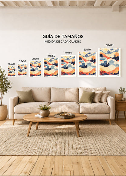 Cuadro Decorativo Mural Sin Marco 5mm - Japandi, Olas Ukiyo-e Coral y Azul, Seijaku