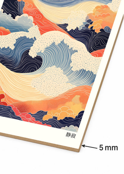 Cuadro Decorativo Mural Sin Marco 5mm - Japandi, Olas Ukiyo-e Coral y Azul, Seijaku
