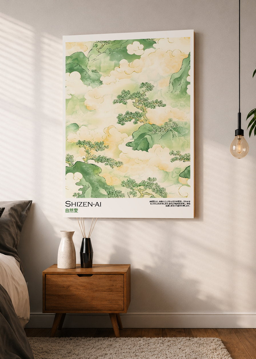 Cuadro Decorativo Mural Sin Marco 5mm - Japandi, Paisaje en Acuarela Verde, Shizen-Ai