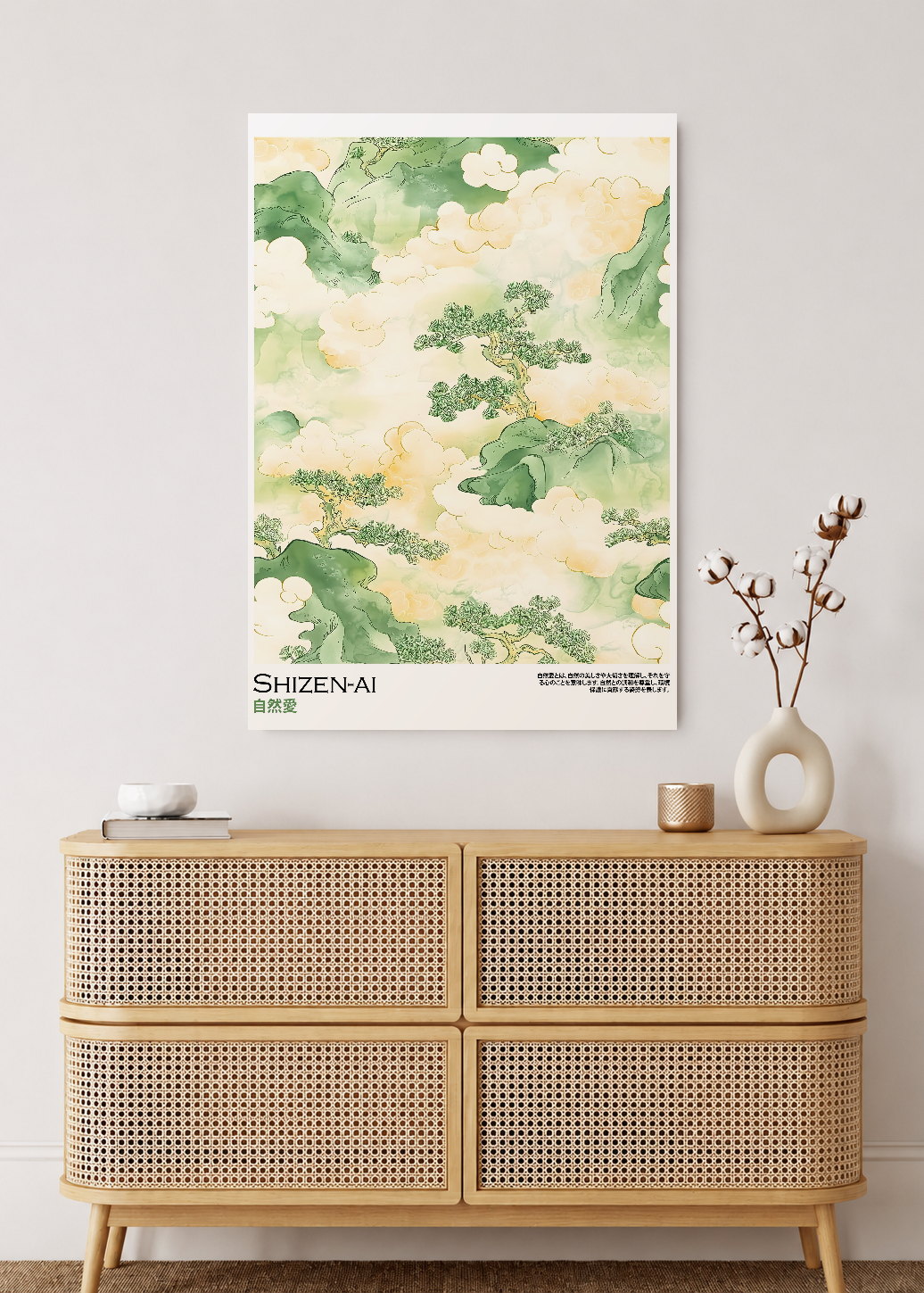 Cuadro Decorativo Mural Sin Marco 5mm - Japandi, Paisaje en Acuarela Verde, Shizen-Ai