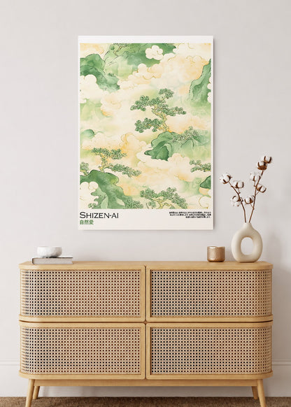 Cuadro Decorativo Mural Sin Marco 5mm - Japandi, Paisaje en Acuarela Verde, Shizen-Ai