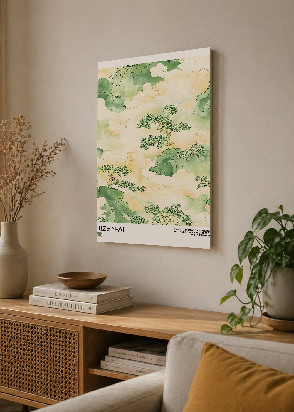 Cuadro Decorativo Mural Sin Marco 5mm - Japandi, Paisaje en Acuarela Verde, Shizen-Ai