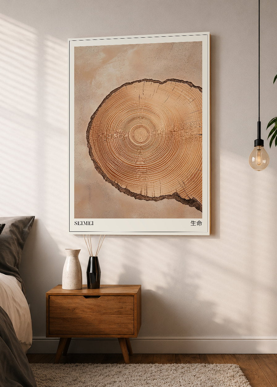 Cuadro Decorativo Mural Sin Marco 5mm - Japandi, Tronco y Anillos Beige, Seimei