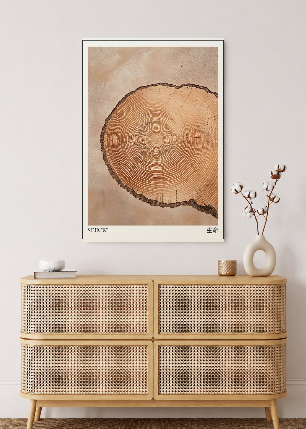 Cuadro Decorativo Mural Sin Marco 5mm - Japandi, Tronco y Anillos Beige, Seimei