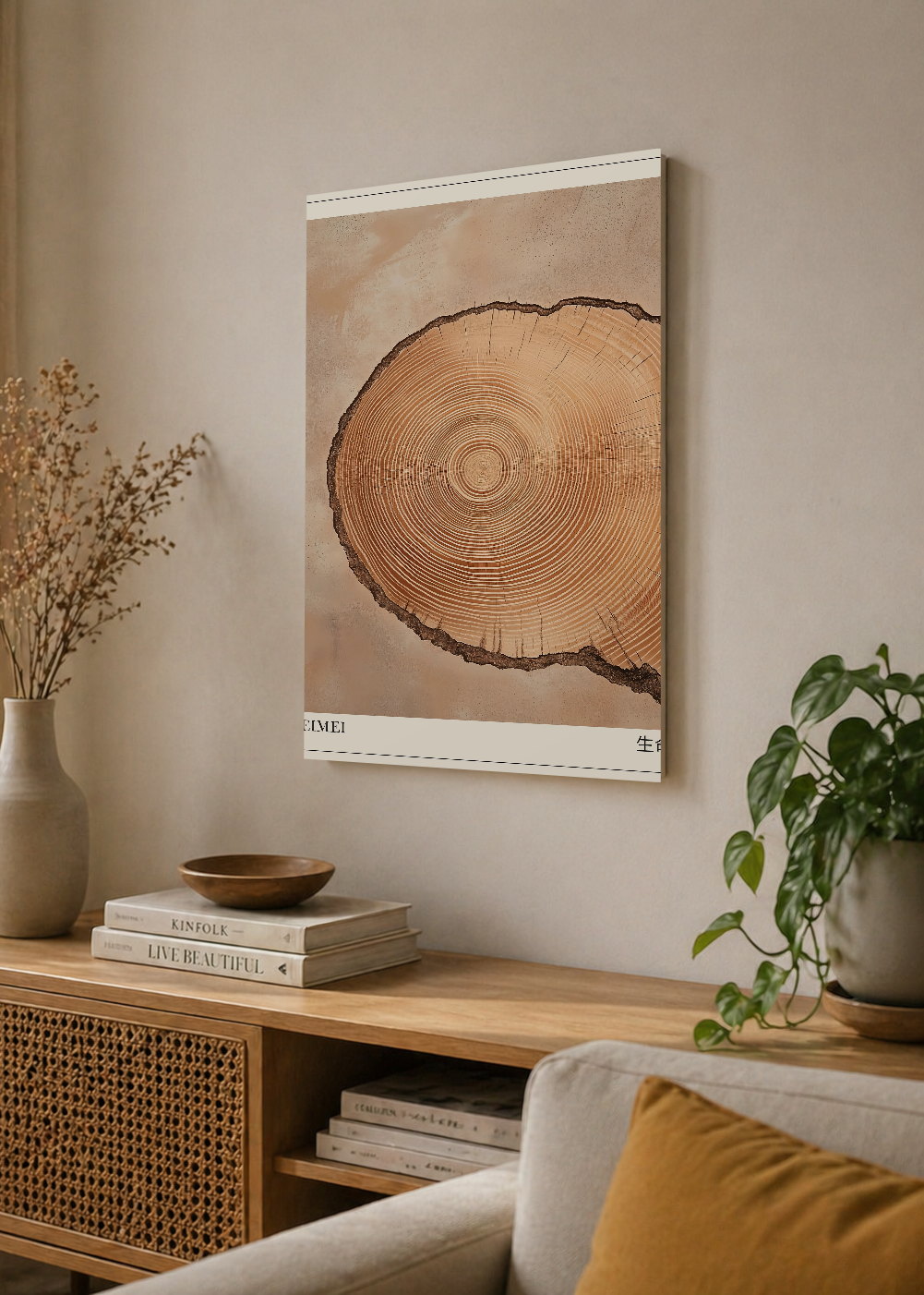Cuadro Decorativo Mural Sin Marco 5mm - Japandi, Tronco y Anillos Beige, Seimei