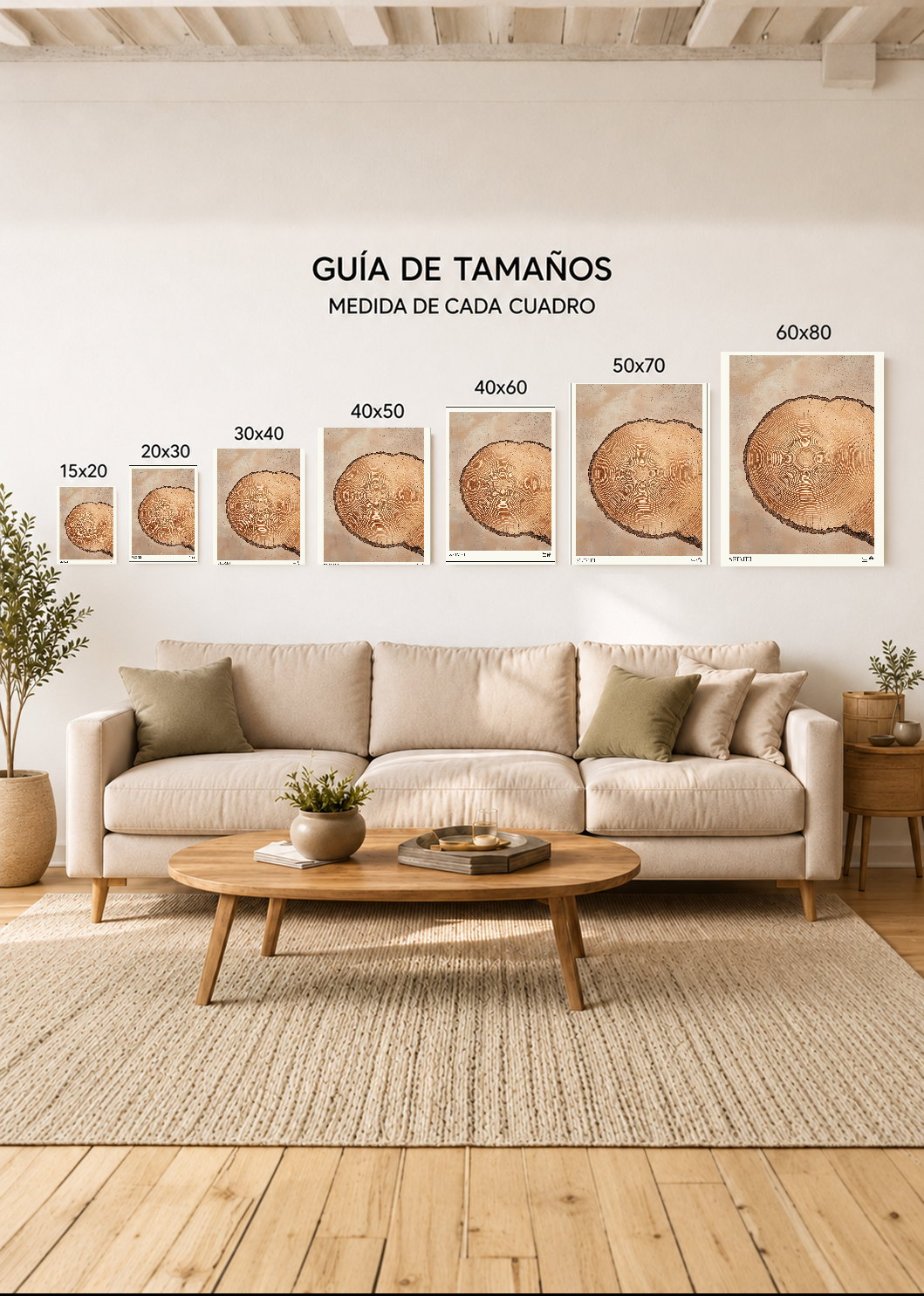 Cuadro Decorativo Mural Sin Marco 5mm - Japandi, Tronco y Anillos Beige, Seimei