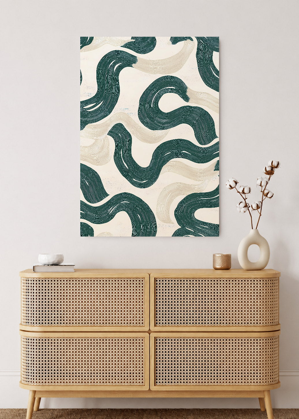 Cuadro Decorativo Mural Sin Marco 5mm - Modernos Curvas Verde Oscuro Crema