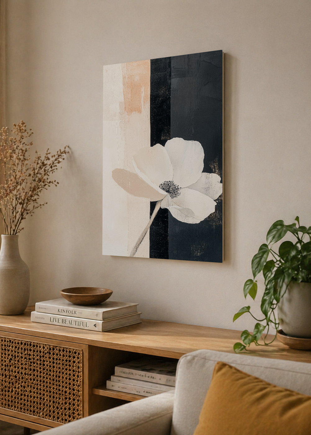 Cuadro Decorativo Mural Sin Marco 5mm - Modernos Flor Blanca Fondo Negro