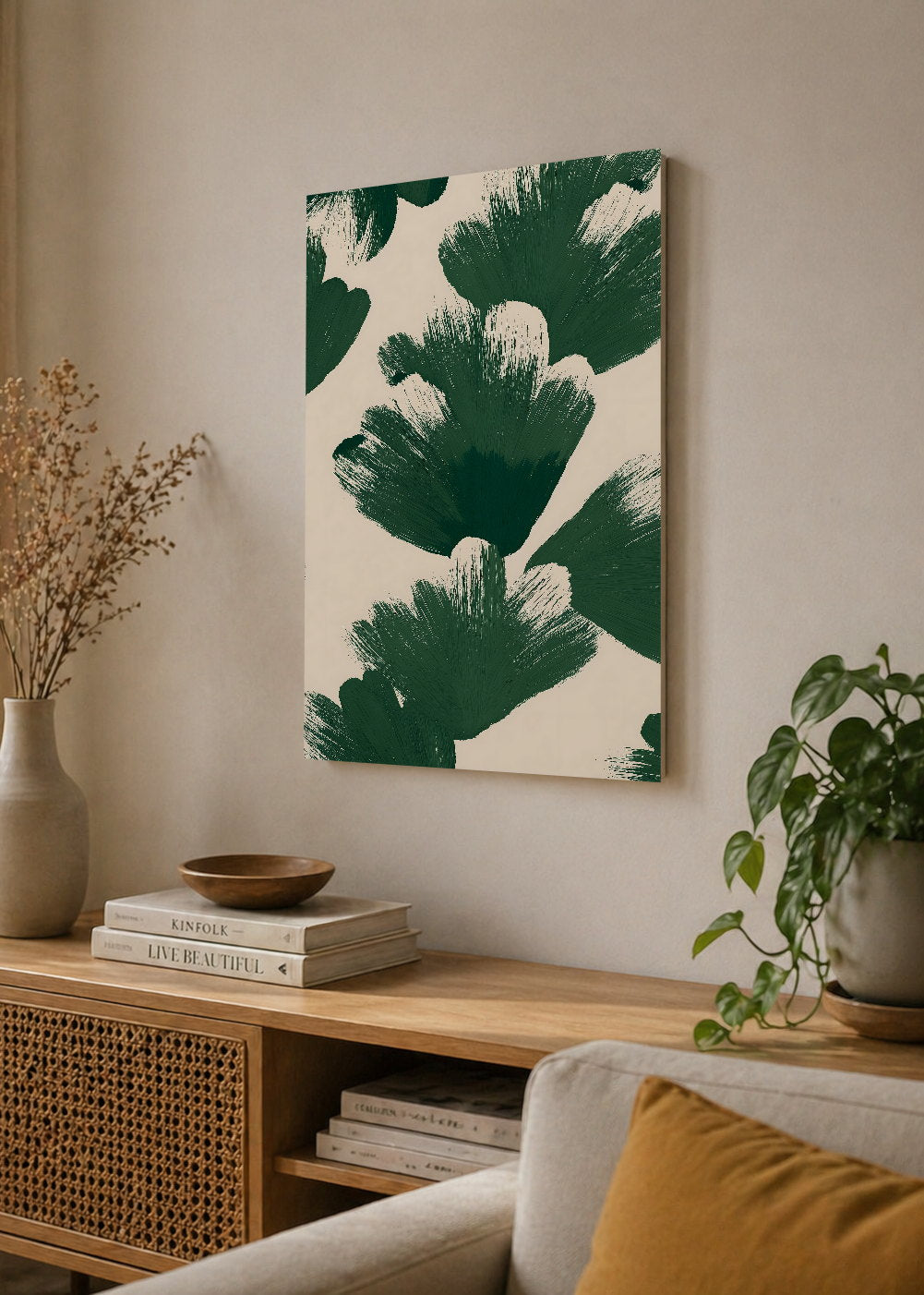 Cuadro Decorativo Mural Sin Marco 5mm - Modernos Hojas Pinceladas Verde Crema