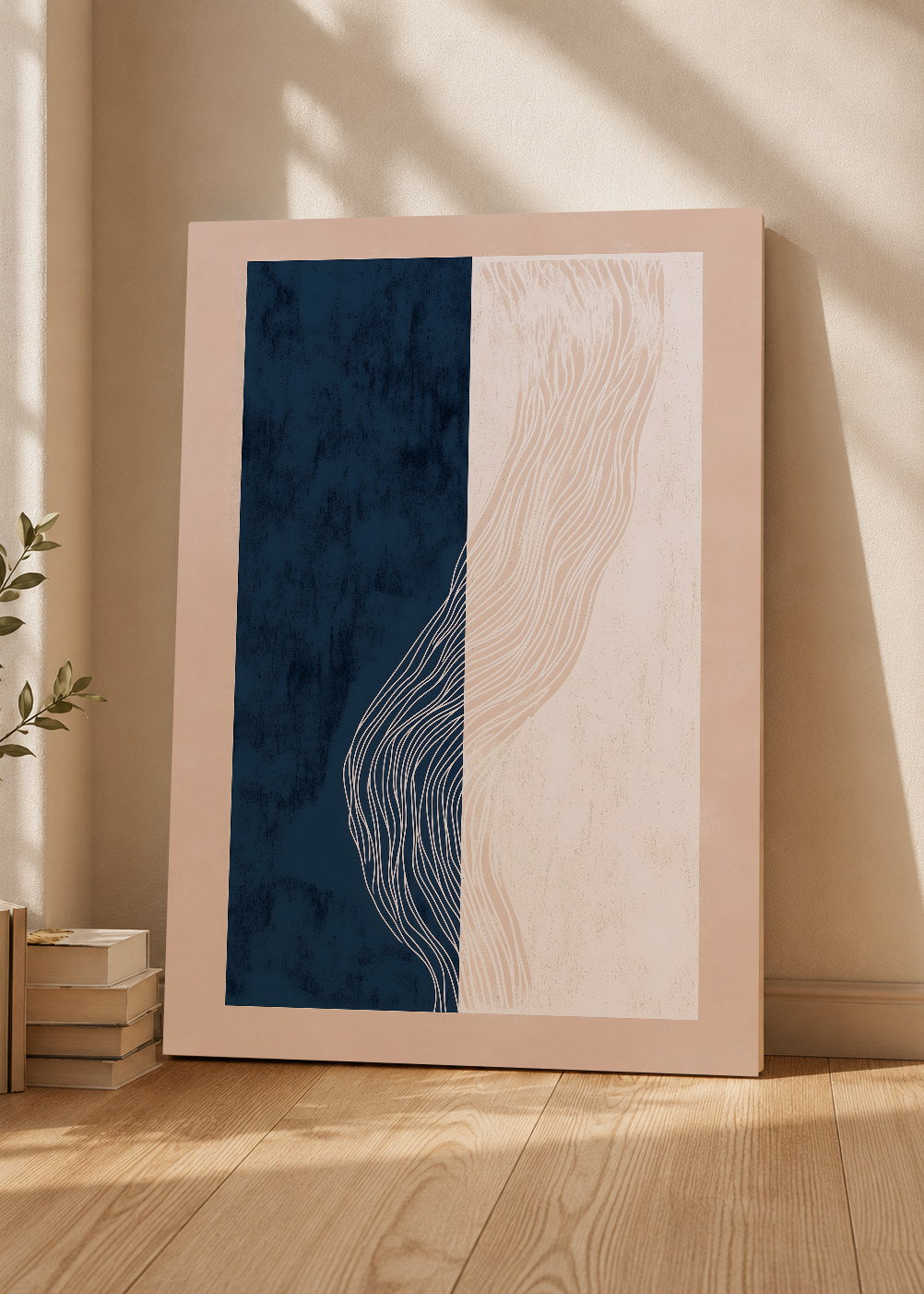 Cuadro Decorativo Mural Sin Marco 5mm - Modernos Panel Azul Marino Lineas Beige