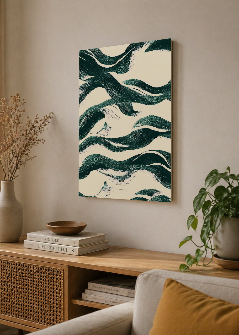 Cuadro Decorativo Mural Sin Marco 5mm - Modernos Patron Olas Verde Oscuro