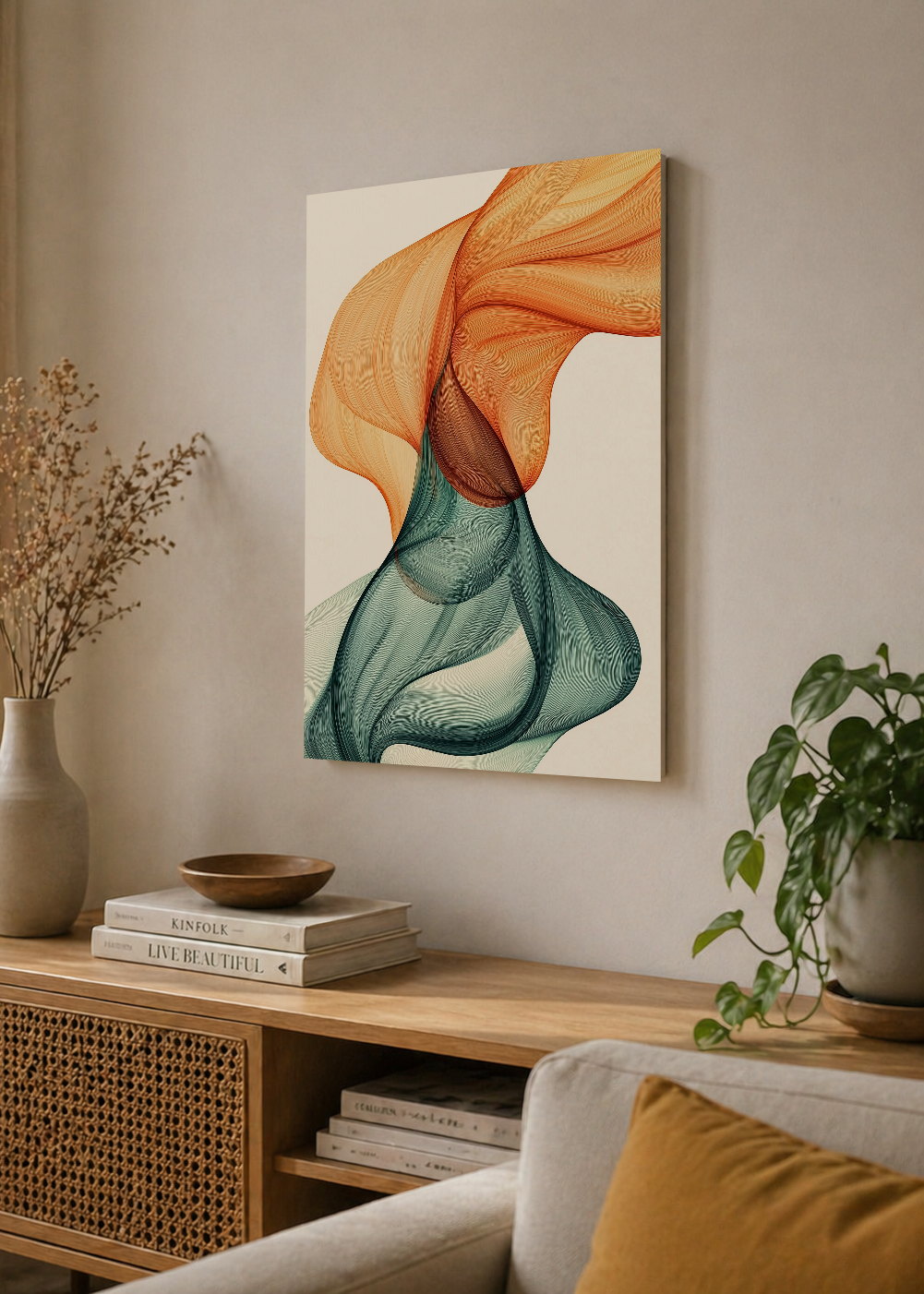 Cuadro Decorativo Mural Sin Marco 5mm - Modernos Seda Naranja Verde Salvia