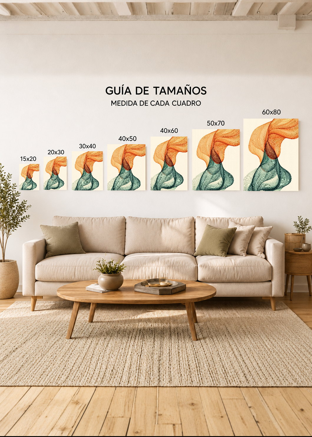 Cuadro Decorativo Mural Sin Marco 5mm - Modernos Seda Naranja Verde Salvia