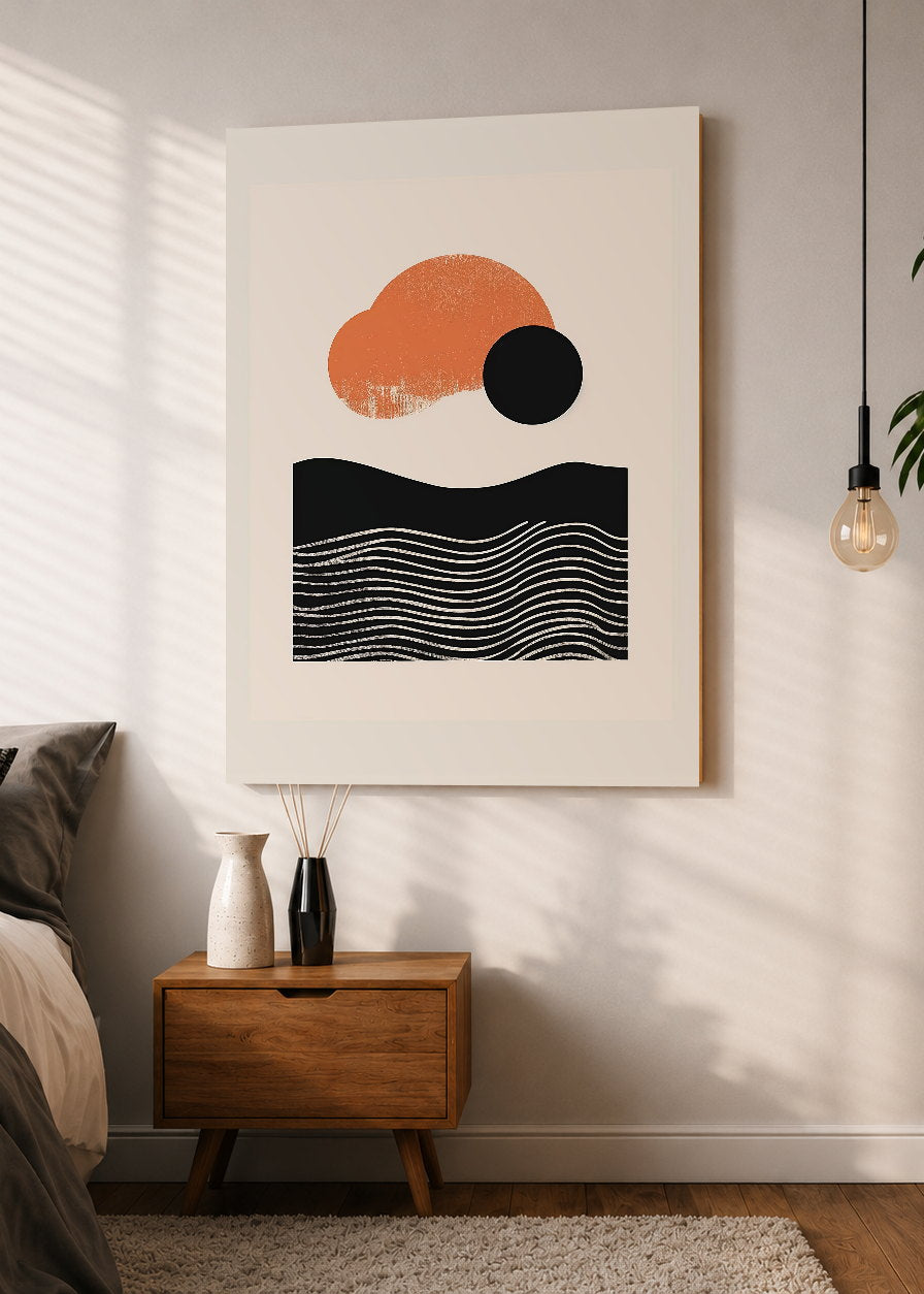 Cuadro Decorativo Mural Sin Marco 5mm - Modernos Sol Naranja Olas Negro