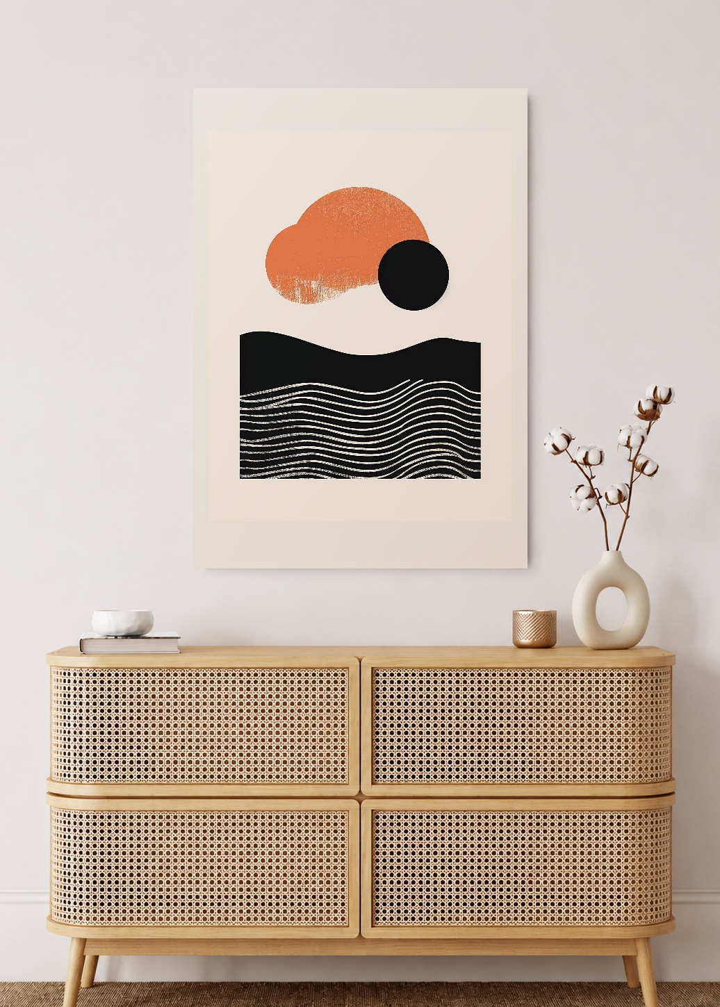 Cuadro Decorativo Mural Sin Marco 5mm - Modernos Sol Naranja Olas Negro