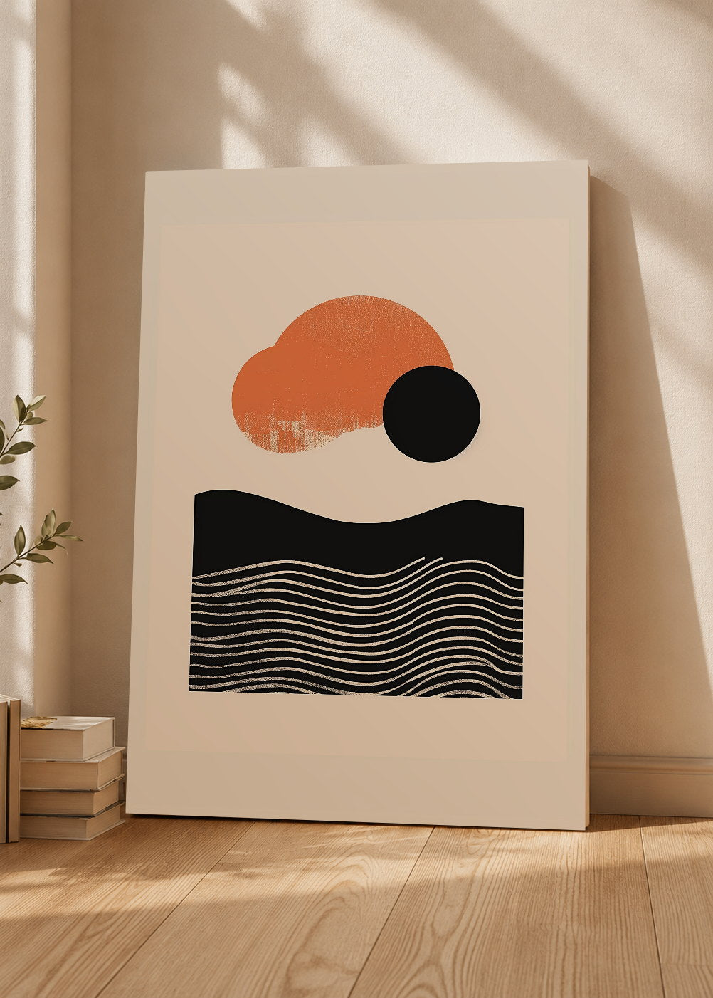 Cuadro Decorativo Mural Sin Marco 5mm - Modernos Sol Naranja Olas Negro