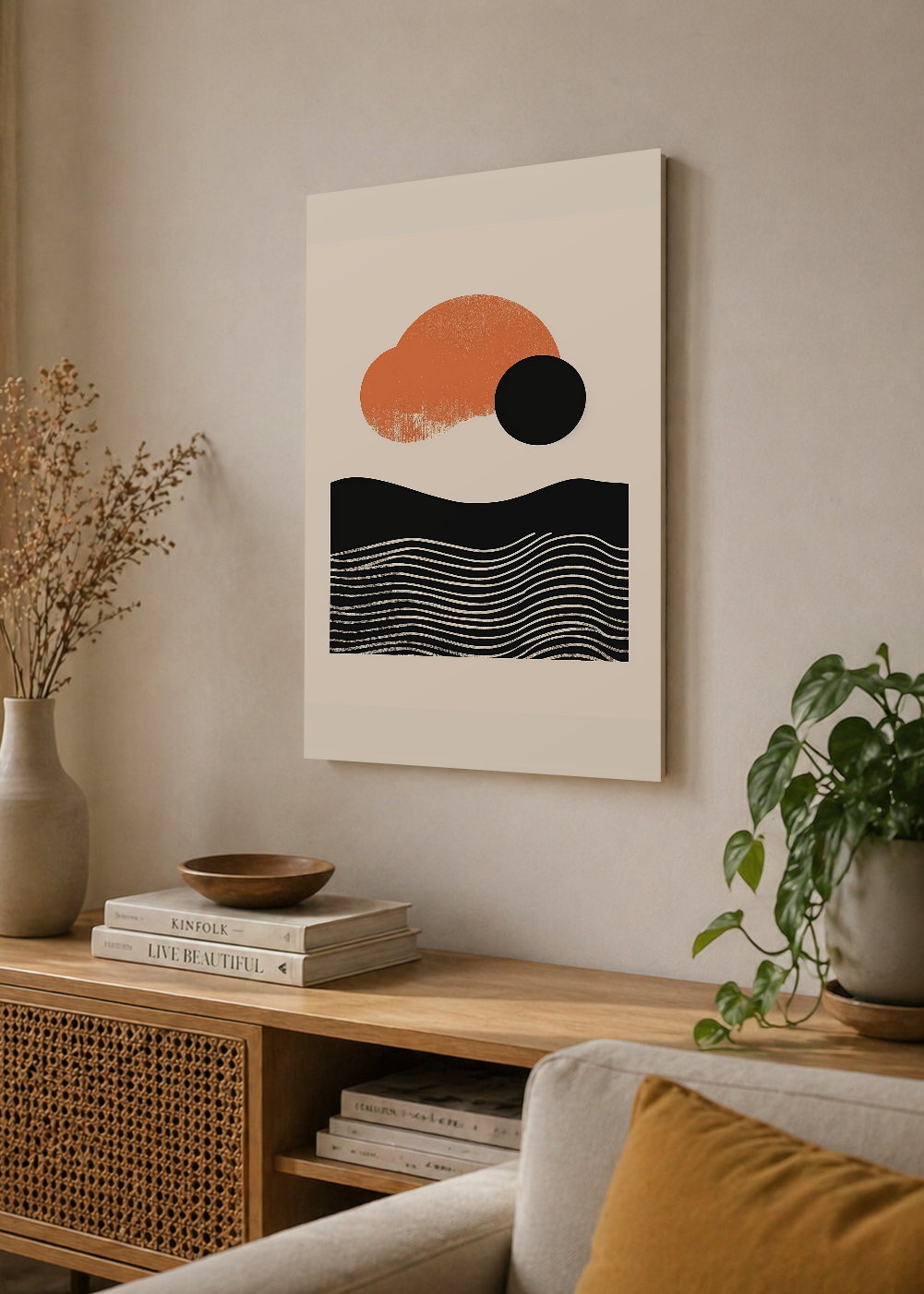 Cuadro Decorativo Mural Sin Marco 5mm - Modernos Sol Naranja Olas Negro