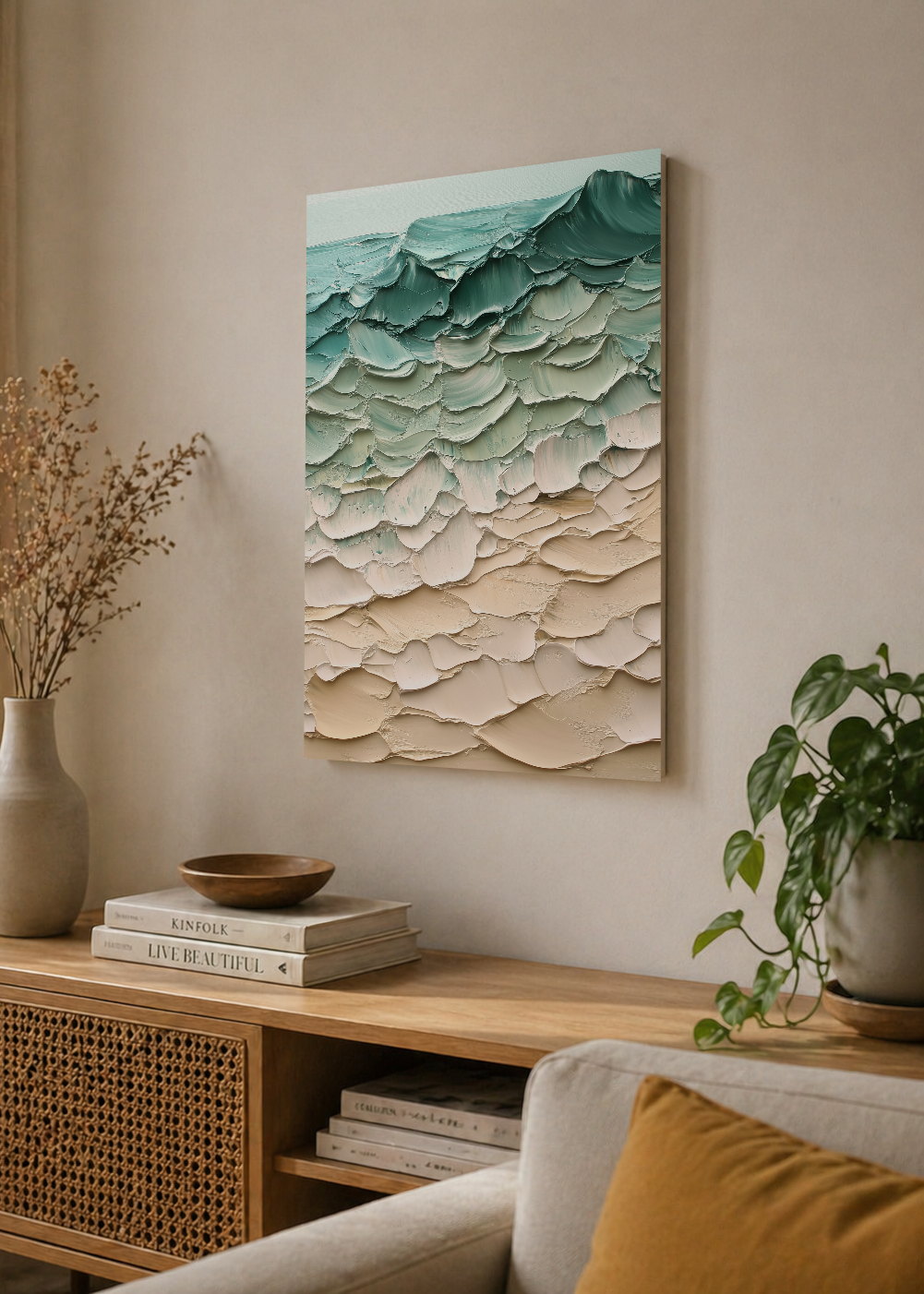 Cuadro Decorativo Mural Sin Marco 5mm - Modernos Textura Olas Verde Agua Beige