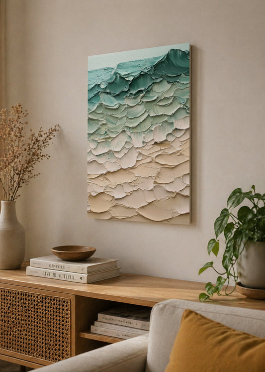 Cuadro Decorativo Mural Sin Marco 5mm - Modernos Textura Olas Verde Agua Beige