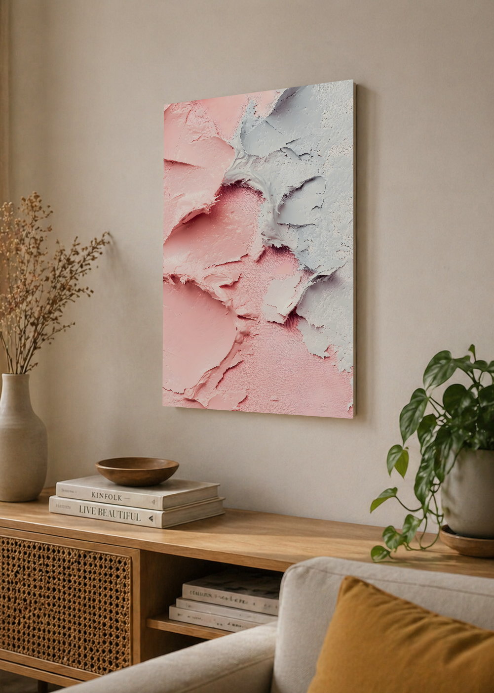 Cuadro Decorativo Mural Sin Marco 5mm - Modernos Textura Relieve Rosa Blanco