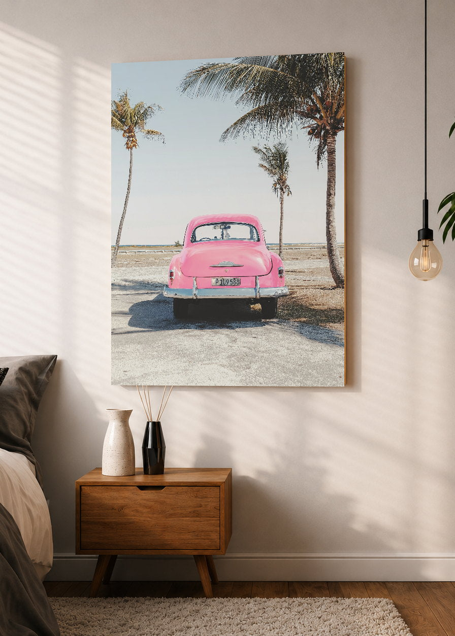 Cuadro Decorativo Mural Sin Marco 5mm - Playa, Auto Rosa Palmeras