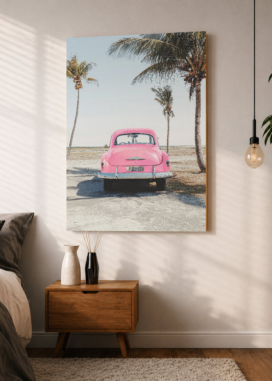 Cuadro Decorativo Mural Sin Marco 5mm - Playa, Auto Rosa Palmeras