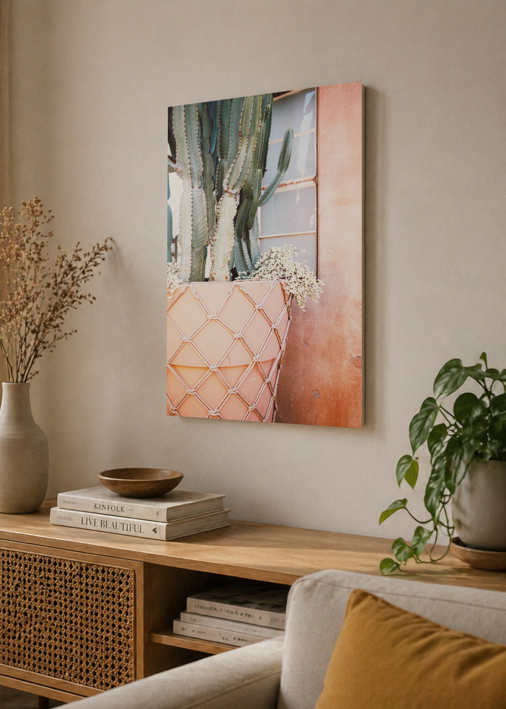 Cuadro Decorativo Mural Sin Marco 5mm - Playa, Cactus Pared Rosa