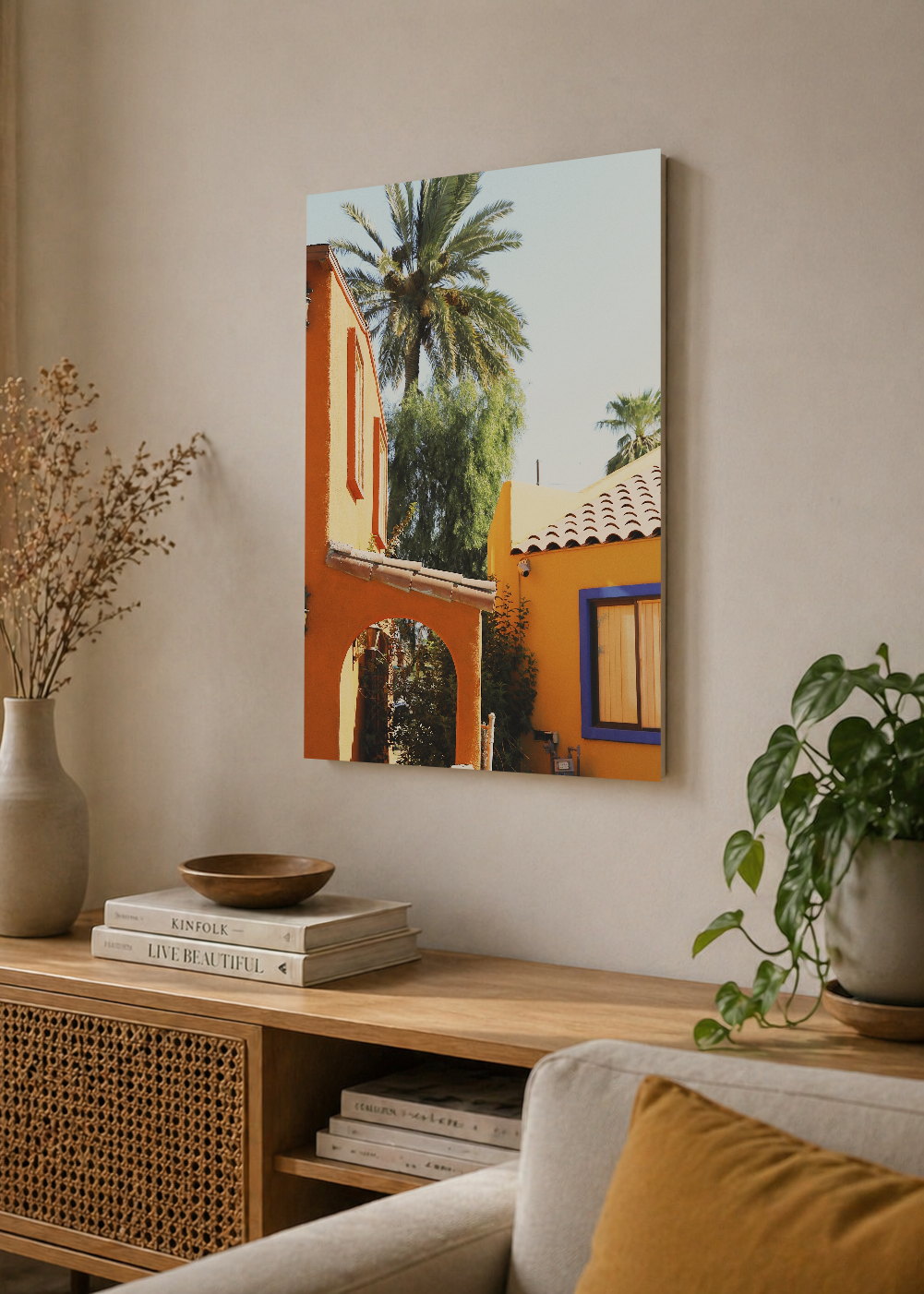 Cuadro Decorativo Mural Sin Marco 5mm - Playa, Casa Naranja Palmeras