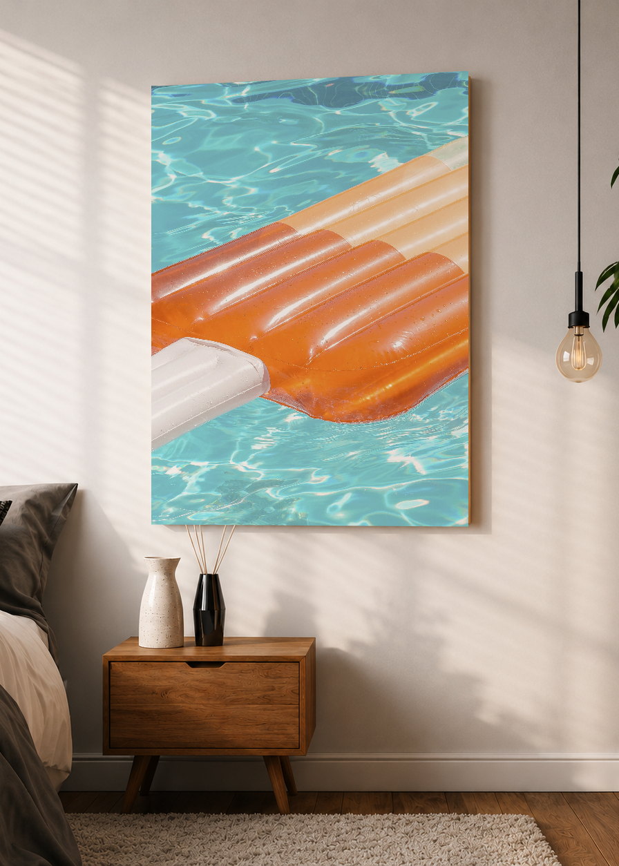 Cuadro Decorativo Mural Sin Marco 5mm - Playa, Colchoneta Naranja Pileta