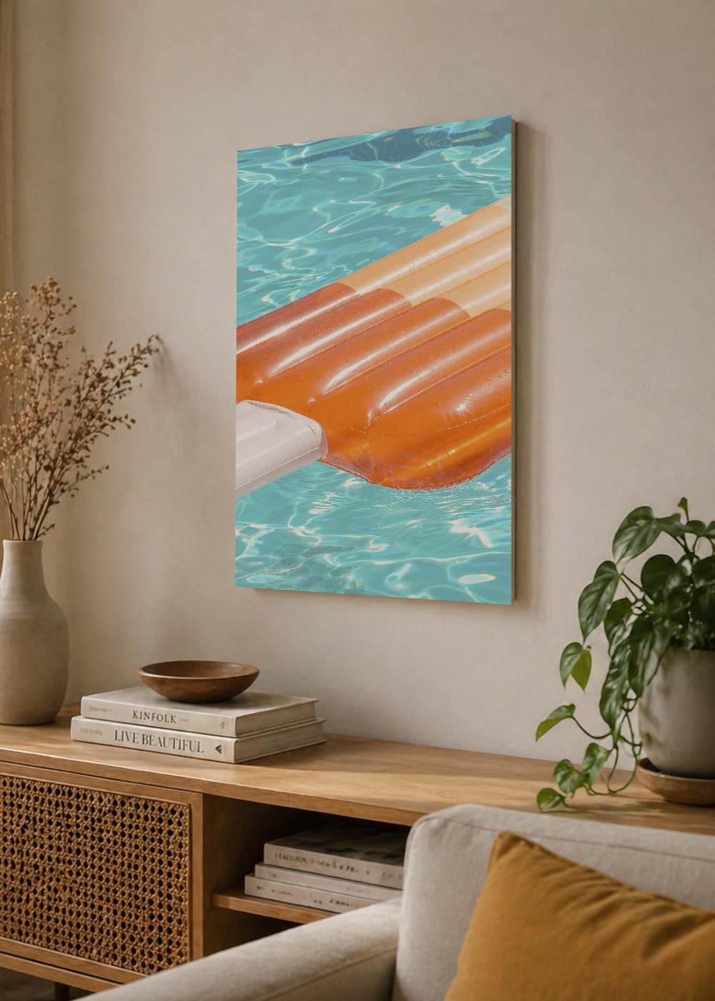Cuadro Decorativo Mural Sin Marco 5mm - Playa, Colchoneta Naranja Pileta