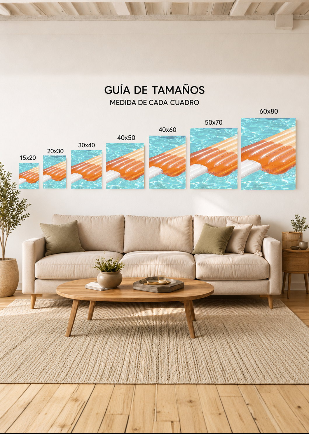 Cuadro Decorativo Mural Sin Marco 5mm - Playa, Colchoneta Naranja Pileta
