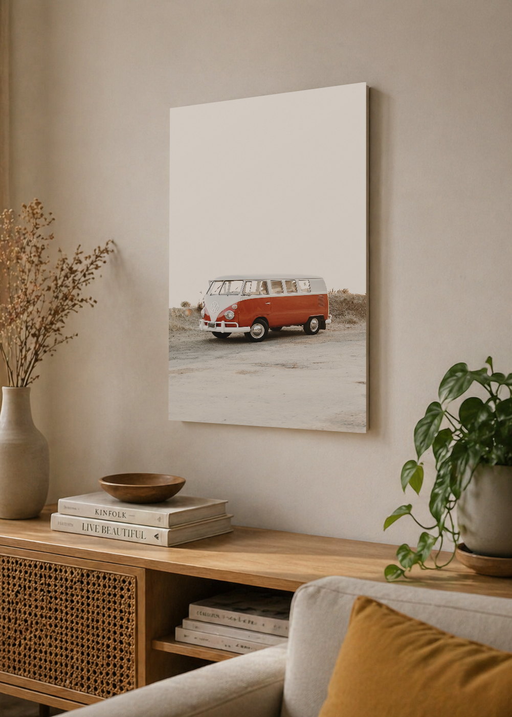 Cuadro Decorativo Mural Sin Marco 5mm - Playa, Combi Naranja Minimal