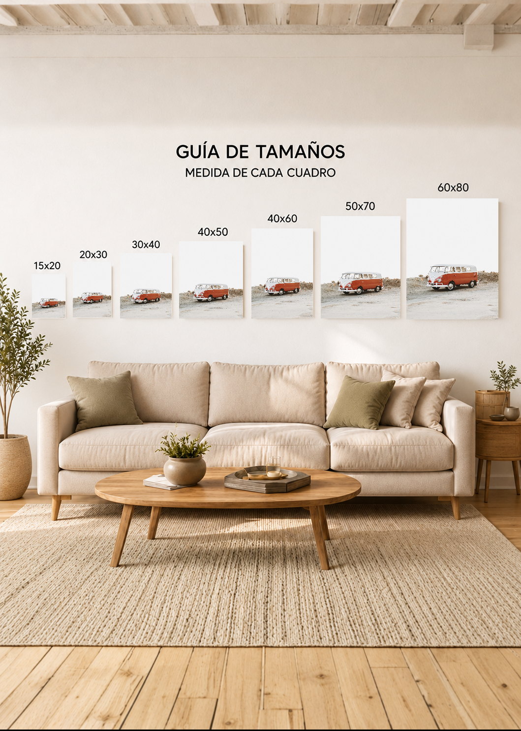Cuadro Decorativo Mural Sin Marco 5mm - Playa, Combi Naranja Minimal