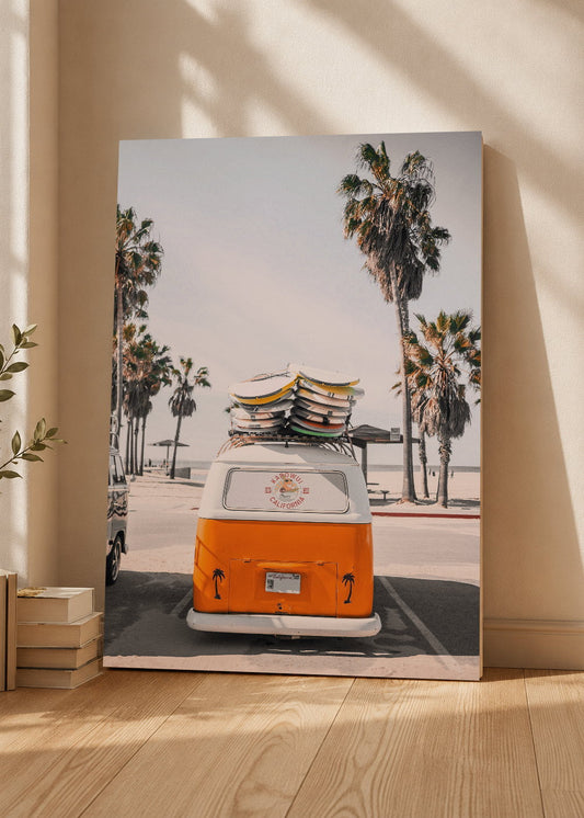 Cuadro Decorativo Mural Sin Marco 5mm - Playa, Combi Naranja Palmeras