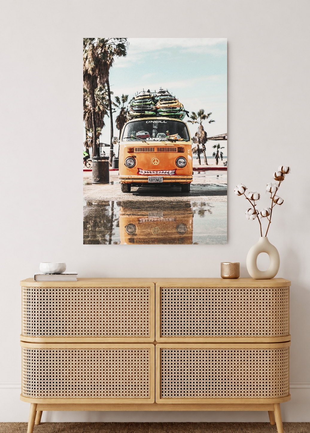 Cuadro Decorativo Mural Sin Marco 5mm - Playa, Combi Naranja Tablas