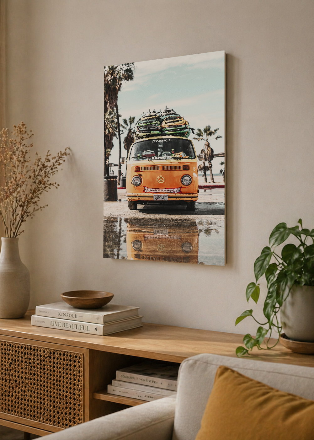 Cuadro Decorativo Mural Sin Marco 5mm - Playa, Combi Naranja Tablas