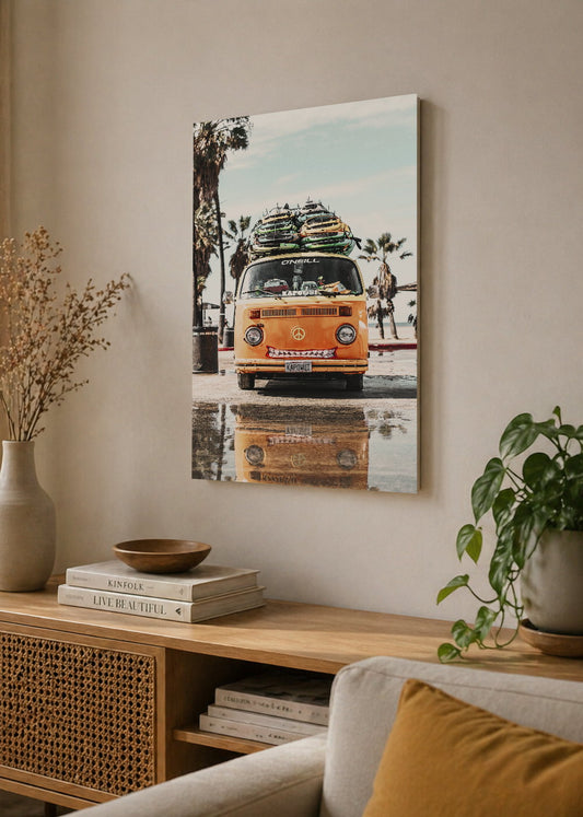 Cuadro Decorativo Mural Sin Marco 5mm - Playa, Combi Naranja Tablas