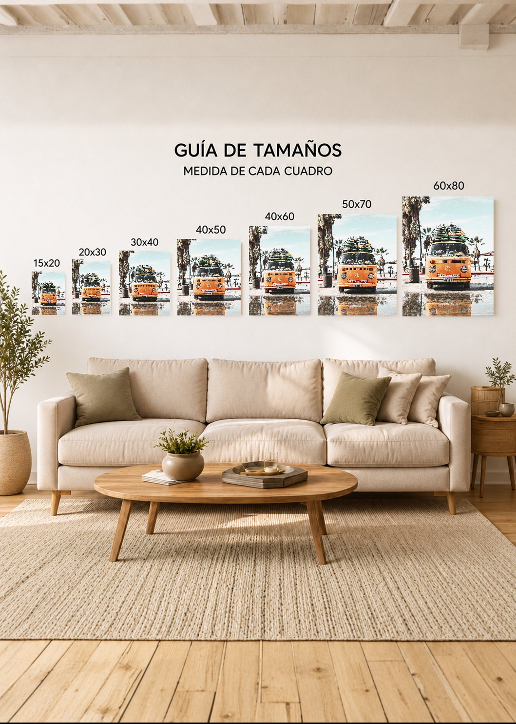 Cuadro Decorativo Mural Sin Marco 5mm - Playa, Combi Naranja Tablas