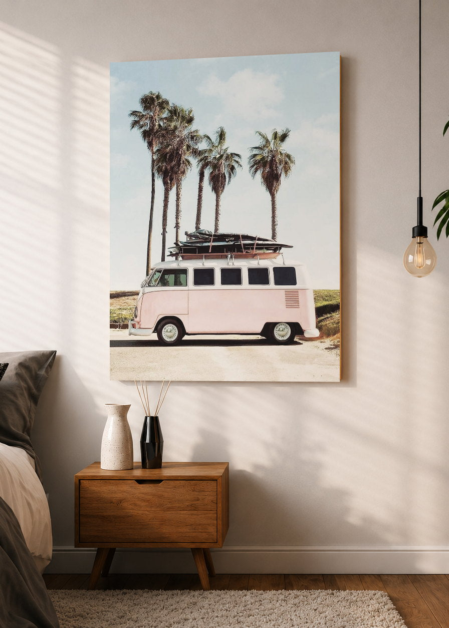 Cuadro Decorativo Mural Sin Marco 5mm - Playa, Combi Rosa Tablas