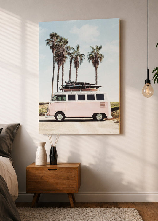 Cuadro Decorativo Mural Sin Marco 5mm - Playa, Combi Rosa Tablas