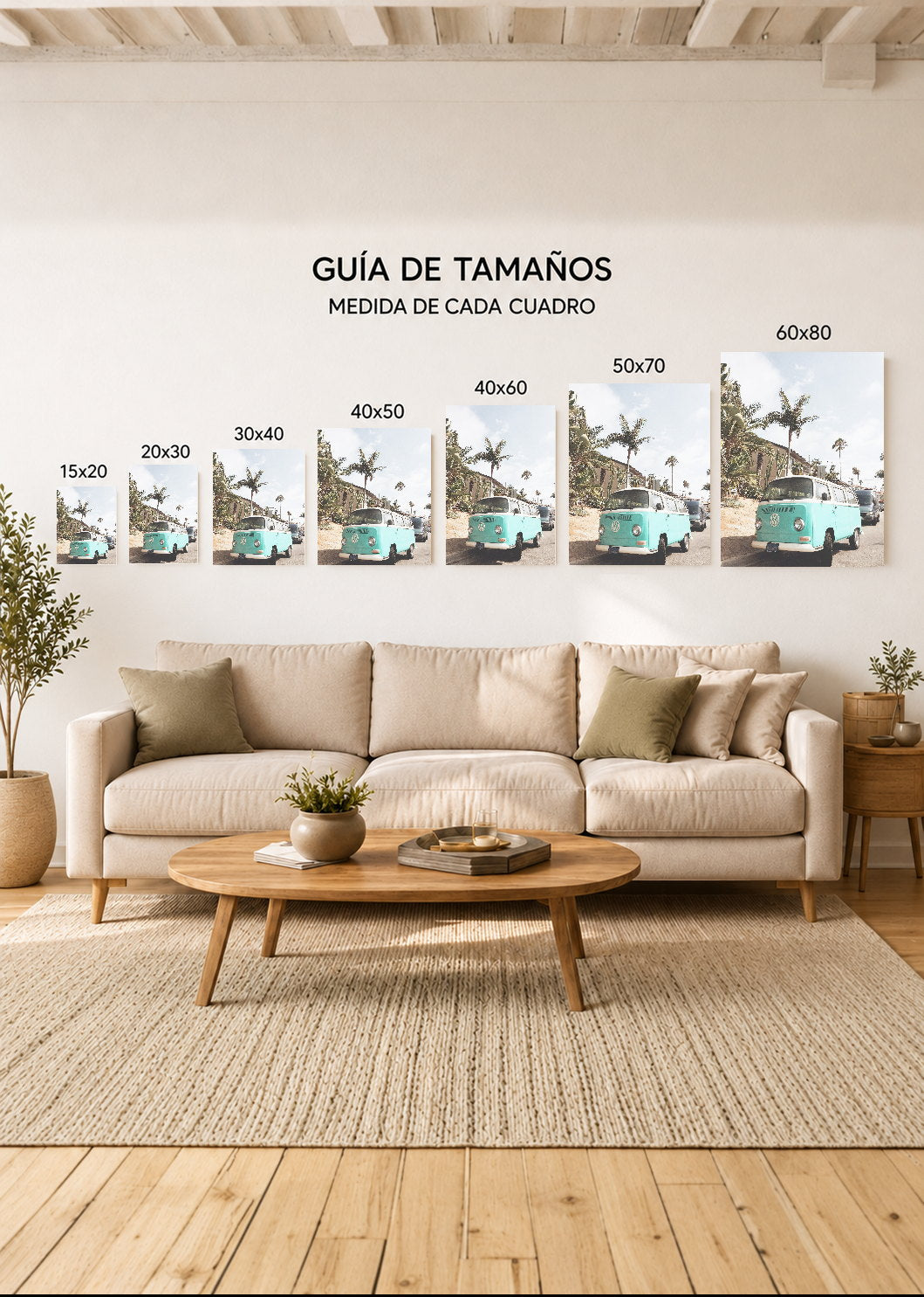 Cuadro Decorativo Mural Sin Marco 5mm - Playa, Combi Turquesa Palmeras