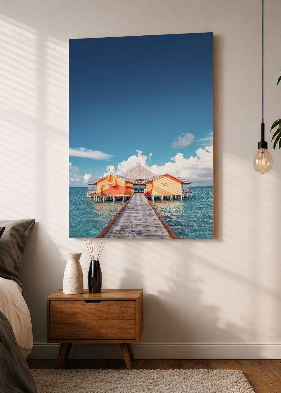 Cuadro Decorativo Mural Sin Marco 5mm - Playa, Muelle Cabaña Naranja